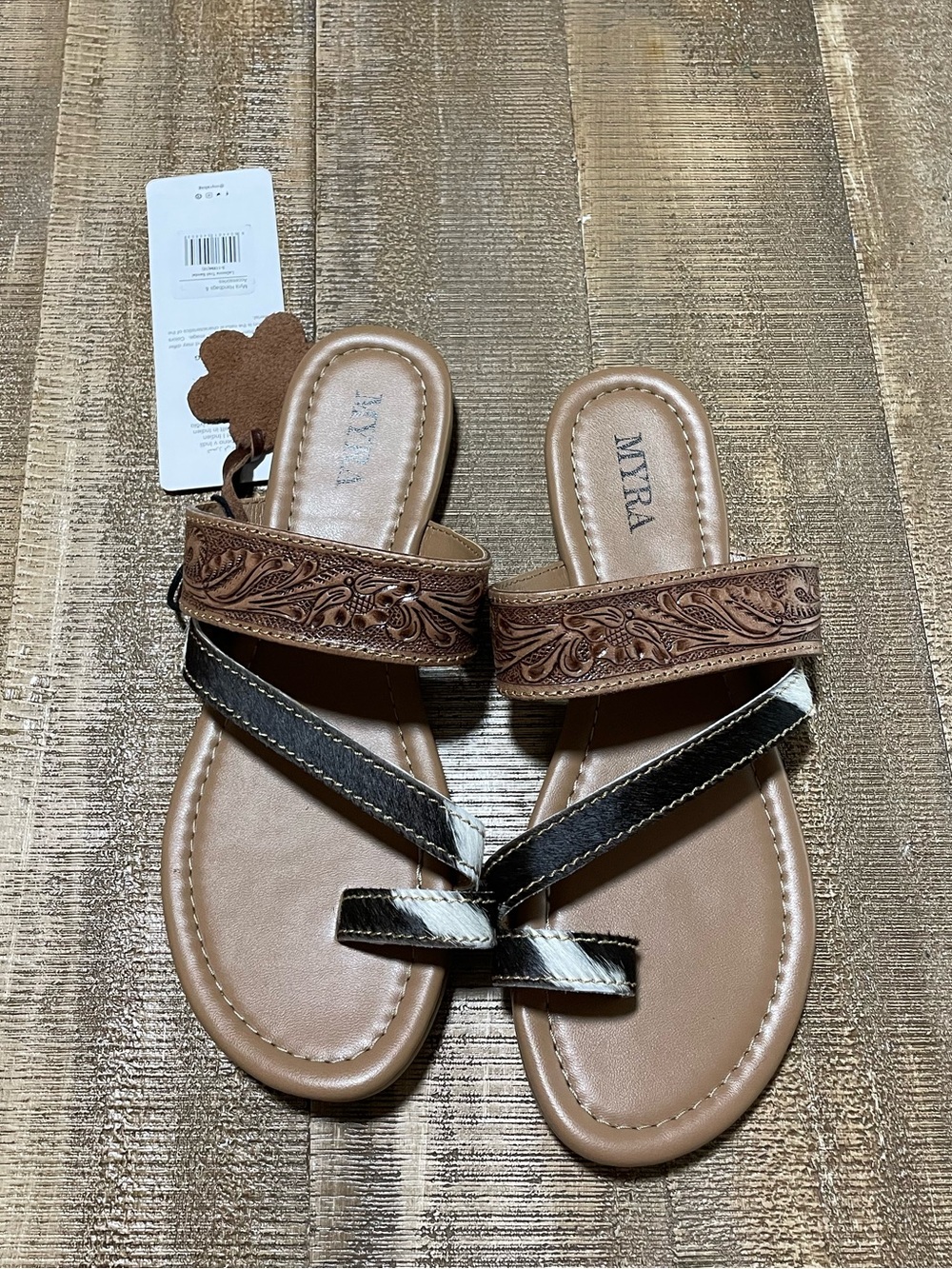 Myra Brown Leather Tooled Strap Sandals - Brown/Black NEW